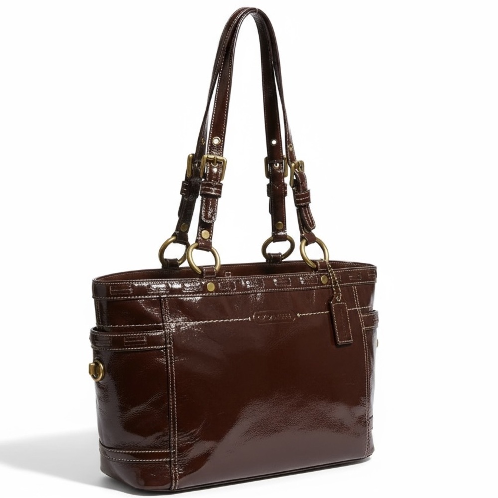 Coach Tribeca Patent Leather Tote Brown East West Shoulder Bag - Picture 4 of 13